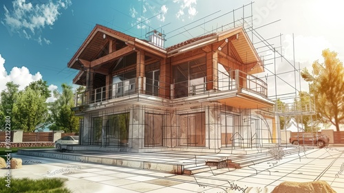 Architectural blueprint with 3D house model - Combining a detailed architectural blueprint with a 3D house model, this image depicts the conceptual phase of home construction