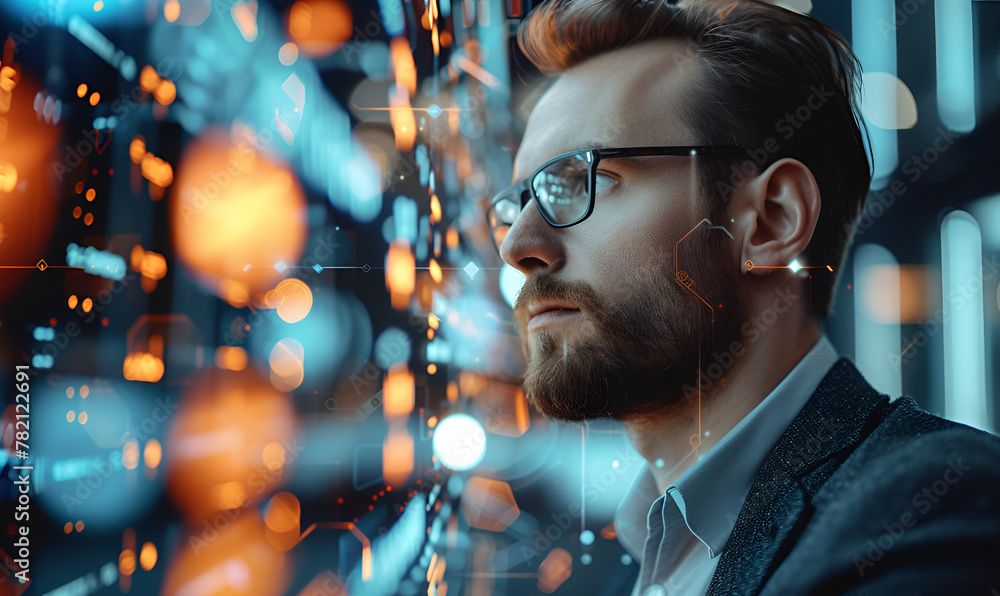 Modern businessman navigating digital interface Modern businessman navigating digital interface