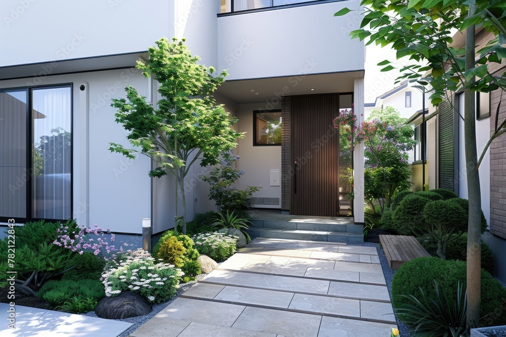 Modern home with lush garden entrance - This image displays a modern home with a welcoming entrance through a lush, green garden, symbolizing comfort and architectural elegance