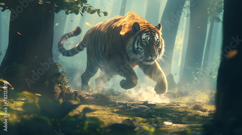 Tigre correndo na floresta visto de lado - Ilustração photo