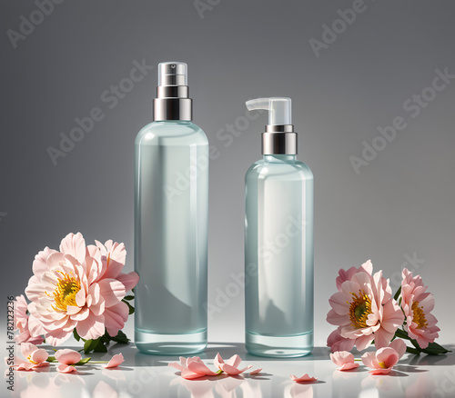 Cosmetic bottle mockup without label on simple background with flowers, Generative AI 