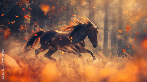 Cavalo galopando na floresta visto de lado - Ilustração © Vitor