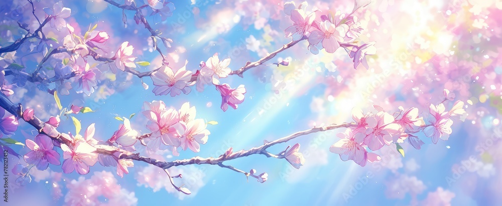 Spring art background with pink blossom. Beautiful nature scene with blooming branches of Sakura tree. Easter Sunny day. Spring flowers.