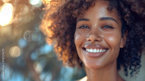 Close up face of beautiful young woman while looking at camera. Portrait of beauty woman with natural makeup and freckles standing in tropic beach.