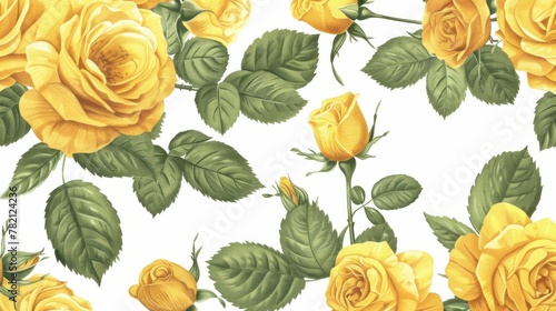 Fototapeta Naklejka Na Ścianę i Meble -  Seamless pattern of yellow roses on white background, elegant floral design for print, wallpaper, textile, and decoration