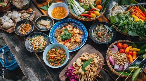 Traditional Thai Food Spread on Wooden Table © Parintron