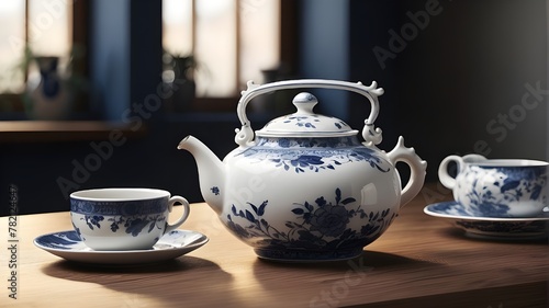 A photorealistic image depicting a teapot made of porcelain elegantly placed on a wooden table, showcasing it as a beautiful piece of tableware for a special event. The image focuses on capturing the 