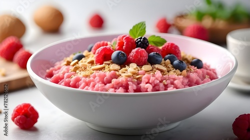 A photorealistic image of a colorful and sweet breakfast dish, featuring pink porridge carefully prepared and presented in a white bowl. The image captures the culinary culture and appetizing cuisine, photo