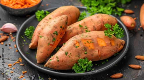 Plate of Boiled Sweet Potatoes, a Source of Tasty Good photo