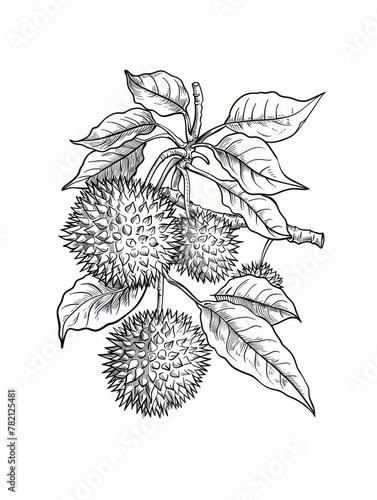 Black and white line drawing of a flowering branch of a sweet gum tree. A detailed botanical illustration showcasing a blooming branch of a Liquidambar styraciflua tree with lush leaves and spiky seed