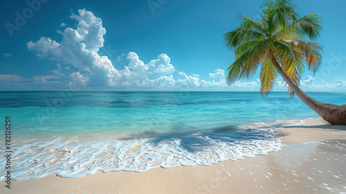 Beautiful natural tropical landscape  beach with white sand and Palm tree leaned over calm wave. Turquoise ocean on background blue sky with clouds on sunny summer day  ocean in background