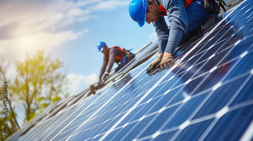 Workers in uniform installing on office building with solar panel. Natural resource use concept Workers in uniform installing on office building with solar panel. Natural resource use concept