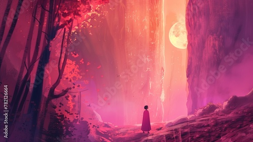 A man in a red cape standing in front of a magenta waterfall in a purple forest