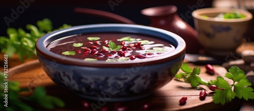 Red bean soup in a ceramic bowl with parsley leaf garnish