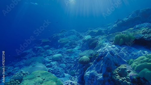 The ocean is blue and the sun is shining on the water. The water is clear and the rocks are green