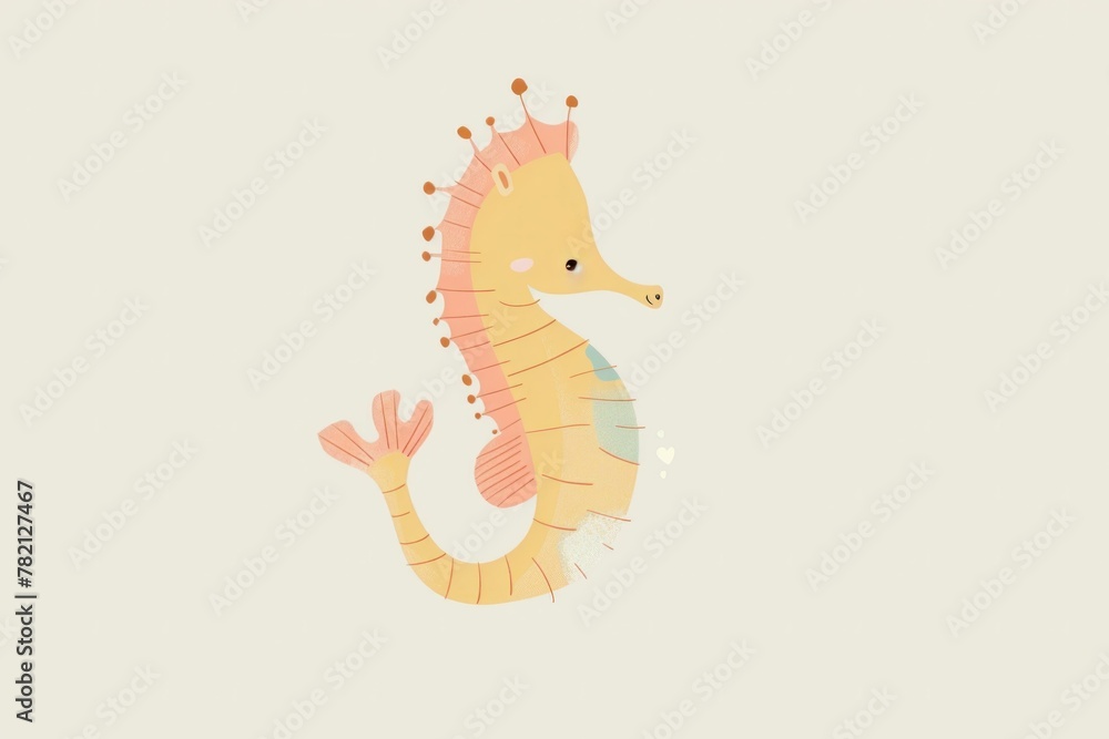Illustration of a delicate seahorse with a pink tail on a soft beige background, marine life concept Illustration of a delicate seahorse with a pink tail on a soft beige background, marine life concept
