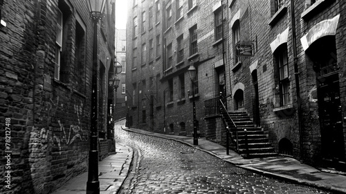A black and white photo of a narrow alleyway with graffiti on the wall. The alleyway is wet from the rain, and the buildings are old and narrow. Scene is somewhat eerie and mysterious