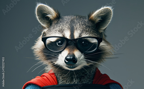 Close up portrait of a raccoon in a superman costume wearing glasses. Funny character for your game or story   © Sunny