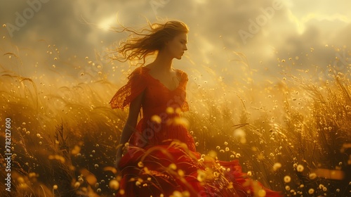 a woman in a red dress is walking through a field of tall grass