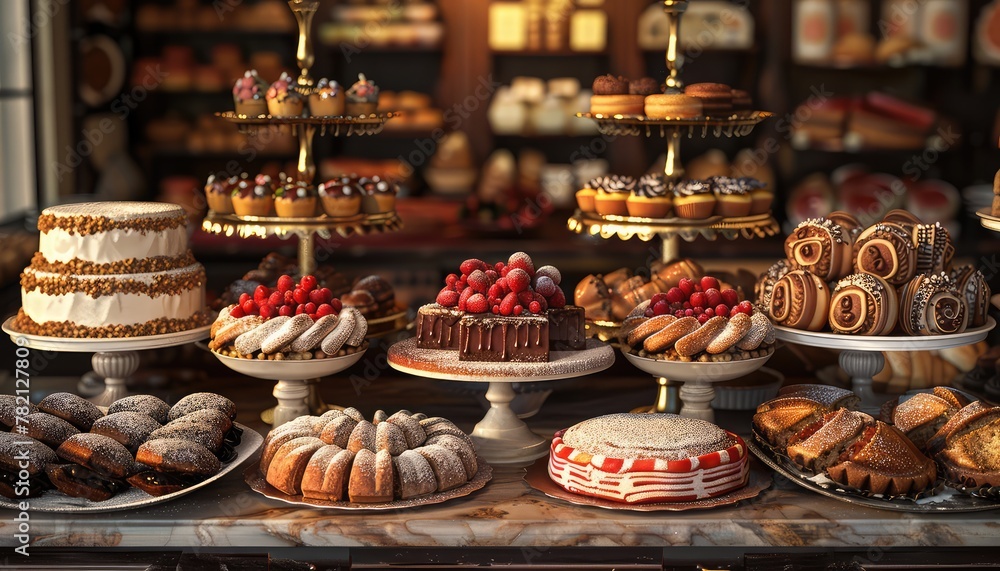 Bakery Delights Display, Highlight the tempting array of baked goods in a bakery display with images of cakes, pastries, and breads arranged on tiered stands and platters