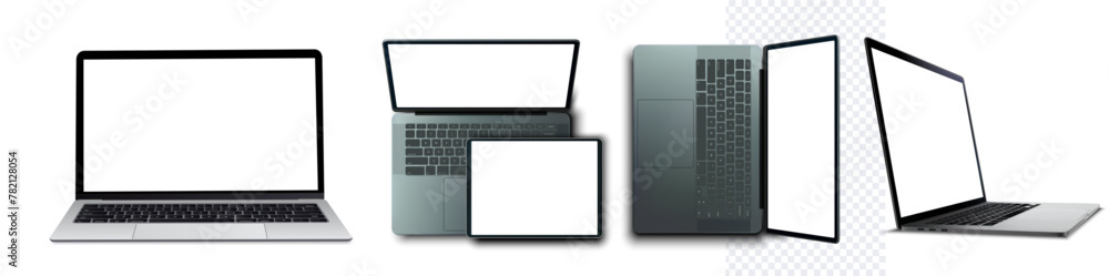 Naklejka premium Versatile Laptop Set: Open, Closed, and Side Views transparent screen isolated. A collection showcasing various positions of a modern laptop, perfect for detailed product mock-ups and tech displays. 