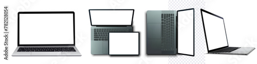Versatile Laptop Set: Open, Closed, and Side Views transparent screen isolated. A collection showcasing various positions of a modern laptop, perfect for detailed product mock-ups and tech displays.  © ZinetroN