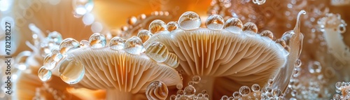 A macro shot of water droplets clinging to the intricate patterns of a mushroom cap photo