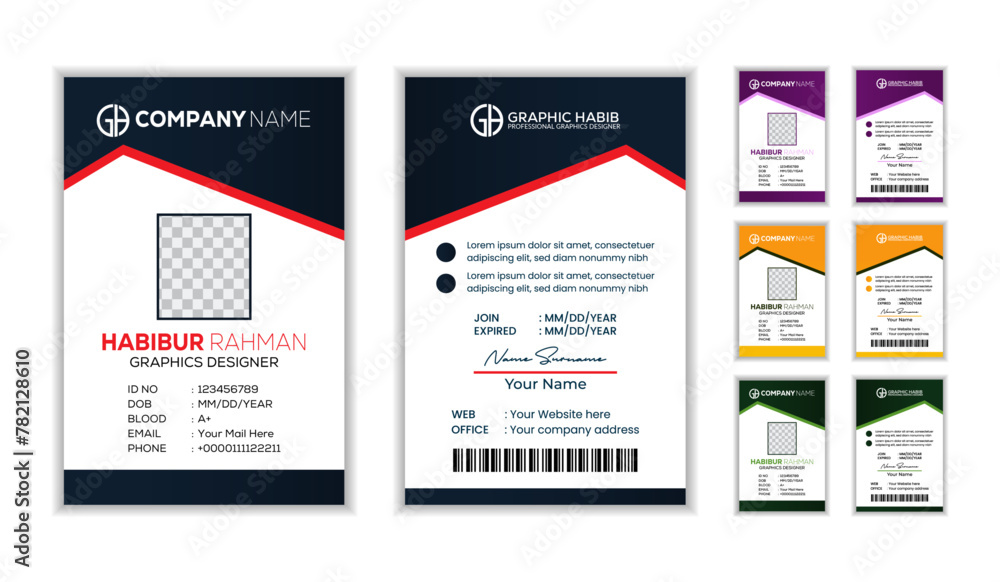 business Id card template. Creative Corporate Business identity card for employees with four color variations.