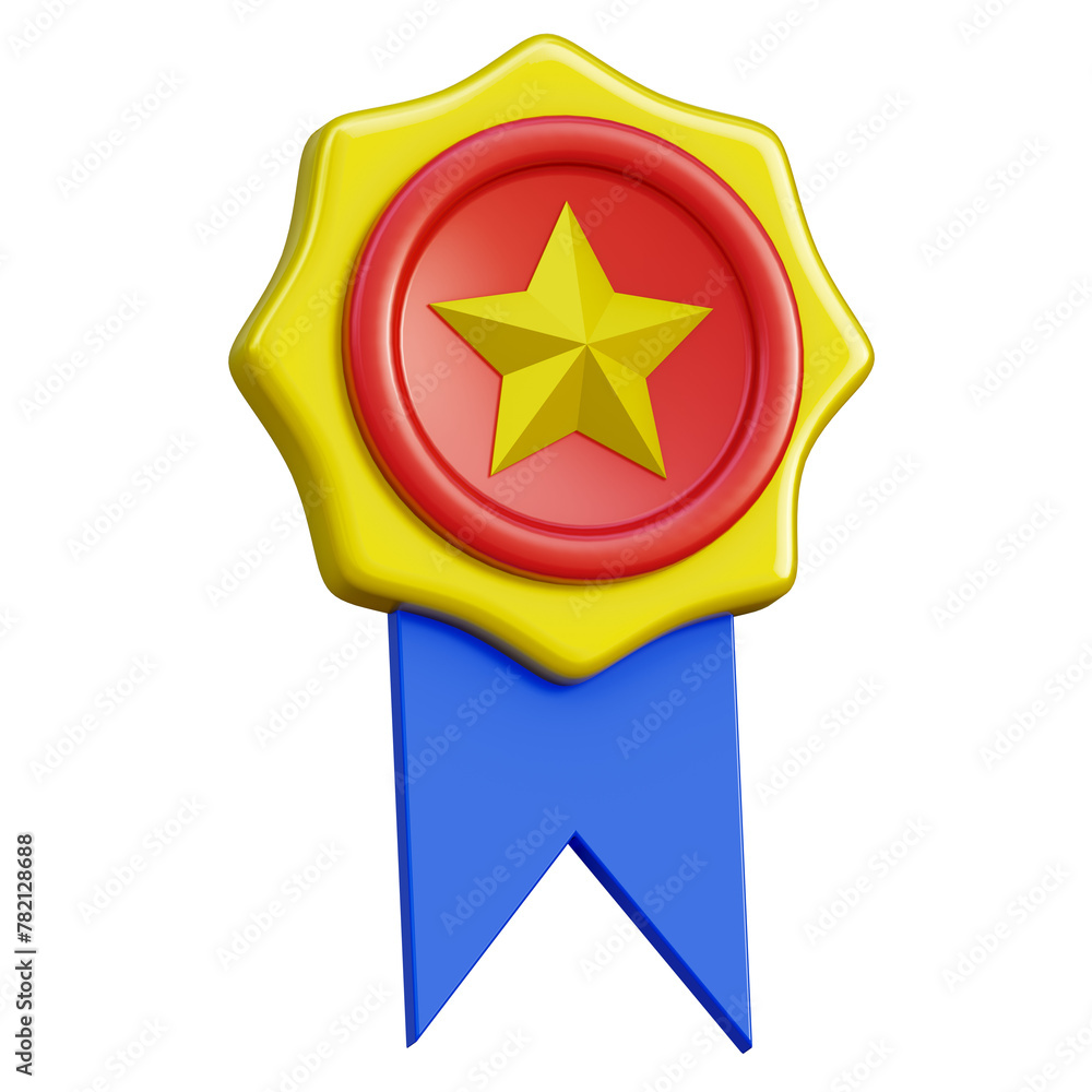 Award with a star. Order with a ribbon for achievements in work, education and science. 3D render illustration in cartoon style. Transparent background, isolation. Award with a star. Order with a ribbon for achievements in work, education and science. 3D render illustration in cartoon style. Transparent background, isolation.