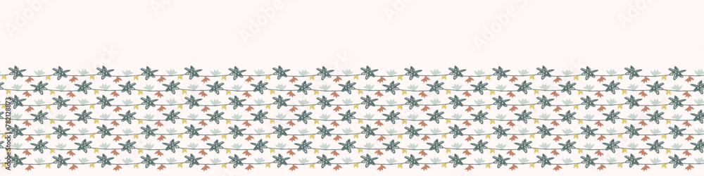 Modern vector border with pretty pressed floral drawing motifs. Decorative botanical ribbon with gender neutral flowers. Natural style for organic banner repeat nature stamp.