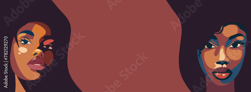 Banner portrait with space for text two African black girls on opposite sides. Side pose. Vector concept of movement for gender equality and women's empowerment
