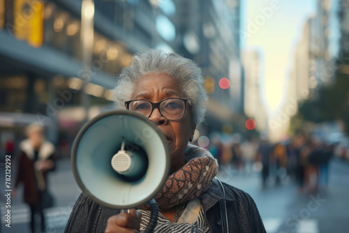 Senior old African American woman stands with a loudspeaker in her hands and says something loudly to the street crowd at a rally. Concept of women's freedom of speech, women's rights photo