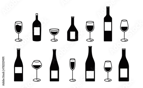ワイン　ボトル　グラス　アイコン　シンプル　セット