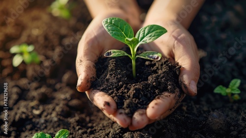 Hands holding a small plant seedling against a backdrop of soil