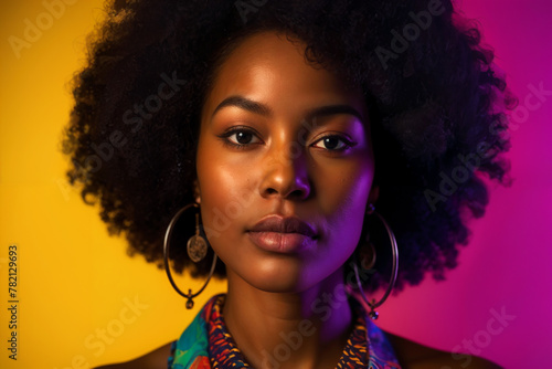 Smiling Afro-American woman with curly hair in fur hat and stylish fashion, exuding beauty and glamour in a studio portrait