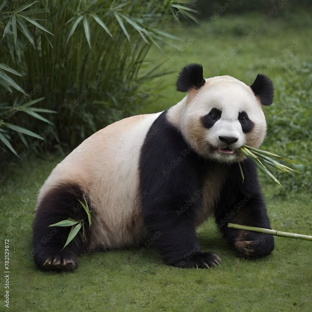 Giant Panda Enjoying A Fresh Bamboo Meal Amidst Lush Greenery. Panda Eats