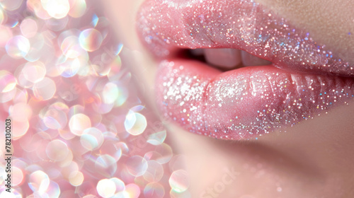 A woman's lips are covered in glitter. The glitter is pink and sparkly. The lips are the main focus of the image