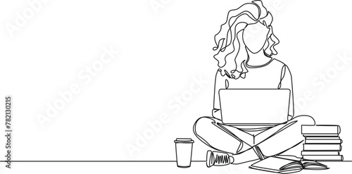 continuous single line drawing of female college student using laptop computer on her lap, line art vector illustration