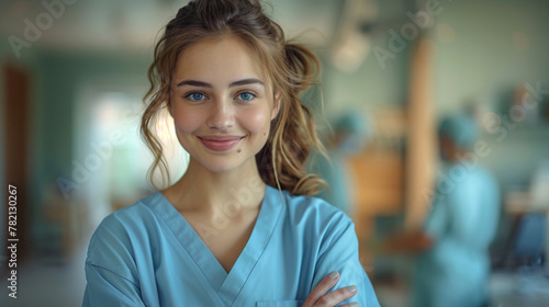 Photo of young woman happy positive smile folded hands intern medic isolated over teal color background.