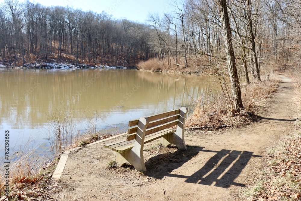 The empty bench at the lake in the woods.