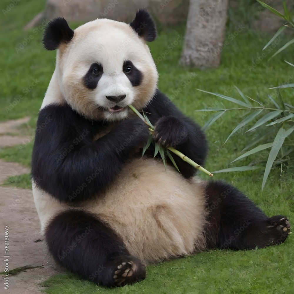 Naklejka premium Giant Panda Enjoying A Fresh Bamboo Meal Amidst Lush Greenery. Panda Eats