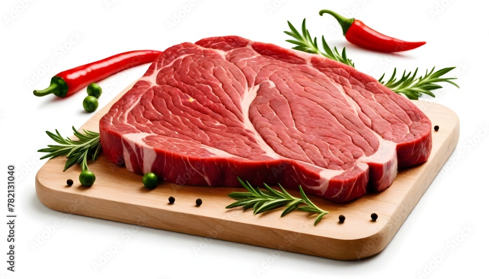 Fresh raw beef, herbs and peppers isolated on white, organic fed meat production concept.
Fresh raw beef, herbs and peppers isolated on white, organic fed meat production concept.