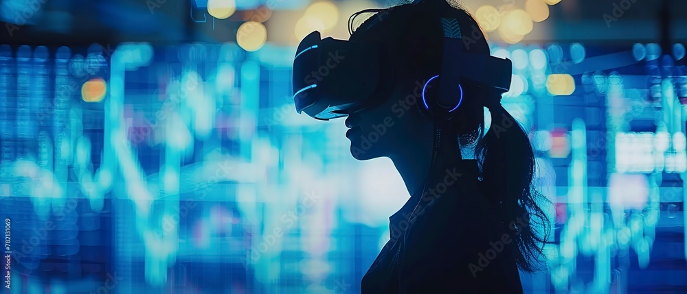 Fototapeta premium Silhouette of a person using a virtual reality headset for stock analysis, blue neon lighting, side view