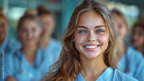 Photo of young woman happy positive smile folded hands intern medic isolated over teal color background.