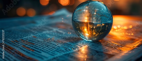 Crystal ball on financial newspaper, predicting markets, close view