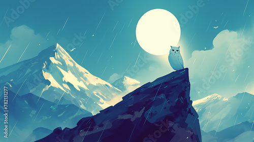 Coruja branca no topo de uma montanha na chuva e ao fundo a lua cheia - Ilustração photo