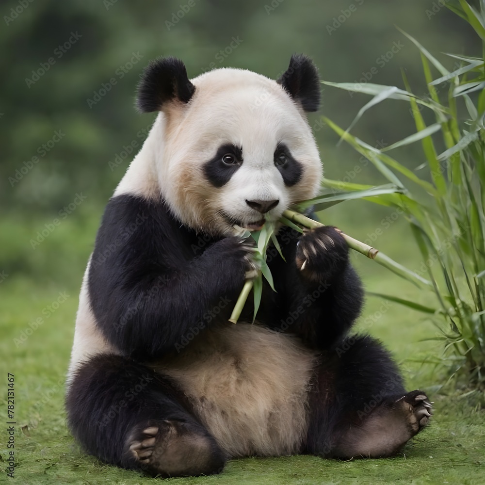 Giant Panda Enjoying A Fresh Bamboo Meal Amidst Lush Greenery. Panda Eats Giant Panda Enjoying A Fresh Bamboo Meal Amidst Lush Greenery. Panda Eats
