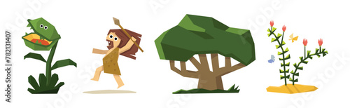 Prehistoric Stone Age Man Character and Plant Vector Set