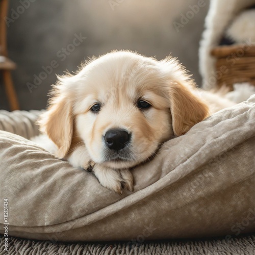 golden retriever dog.a small golden retriever puppy dog peacefully resting on a cozy pet bed at home. The puppy's gentle demeanor and innocent expression evoke feelings of warmth and comfort, inviting
