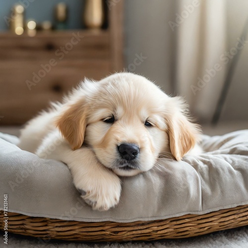 golden retriever puppy.a small golden retriever puppy dog peacefully resting on a cozy pet bed at home. The puppy s gentle demeanor and innocent expression evoke feelings of warmth and comfort  inviti